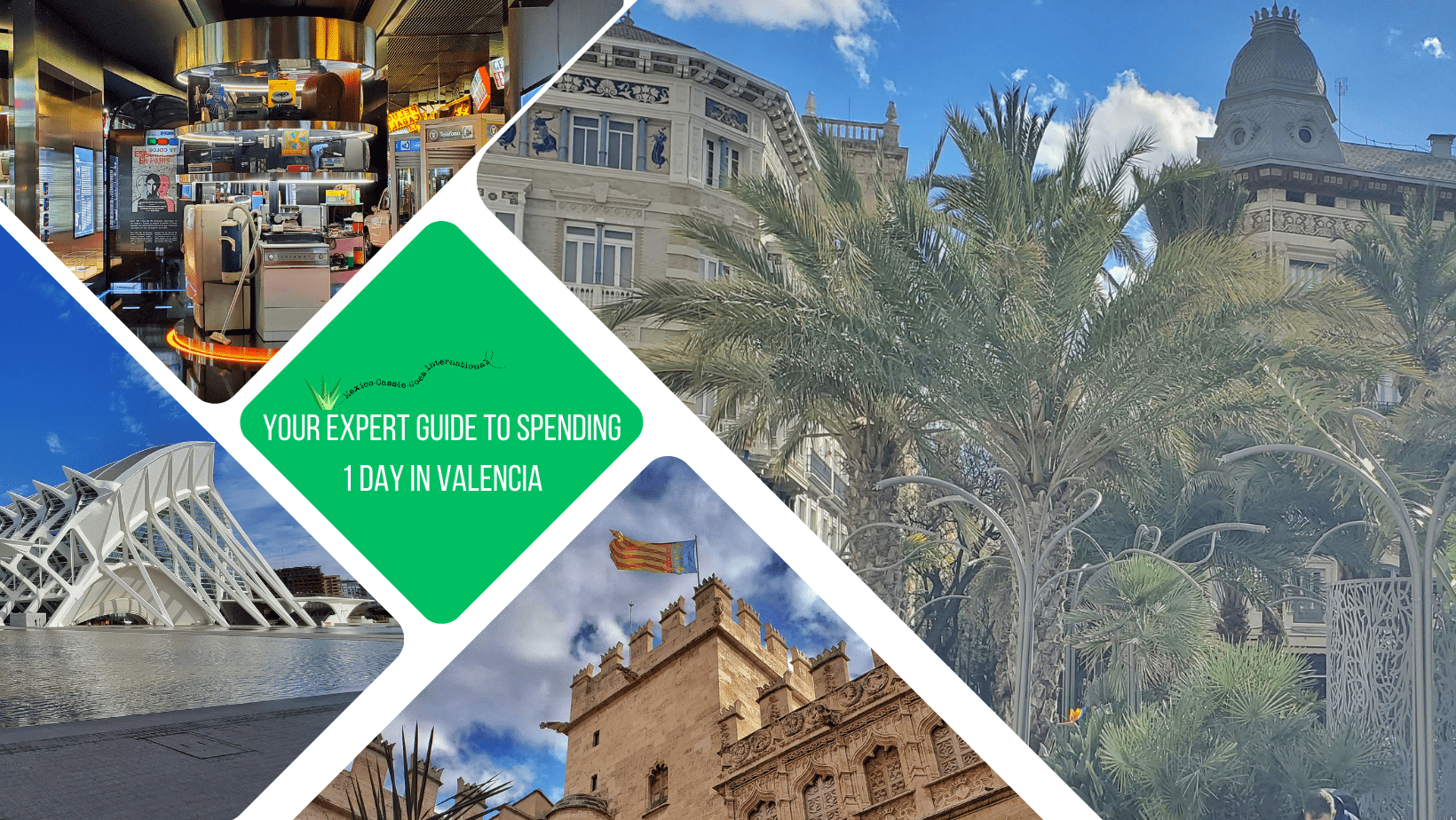 green text box: your expert guide to spending 1 day in valencia. 4 photos - 1 of palm trees in front of old building, 1 of castle top with flag flying, 1 of museum display (80s electronics) and 1 of valencia science museum on sunny day