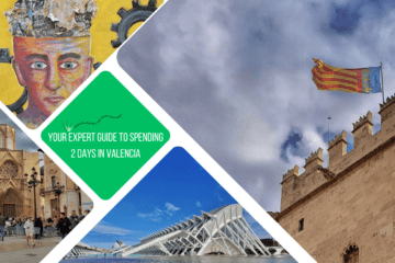 Green text box: your expert guide to spending 2 days in valencia. 4 photos of valenica - 1 of castle top with flag, 1 of science museum, 1 of mural of person with head open and rubbish in there, 1 of cathedral