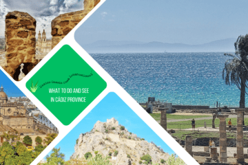 green text box: what to do and see in Cádiz province, photos of Roman ruins on beach, castle onhill, view from a castle, city scape