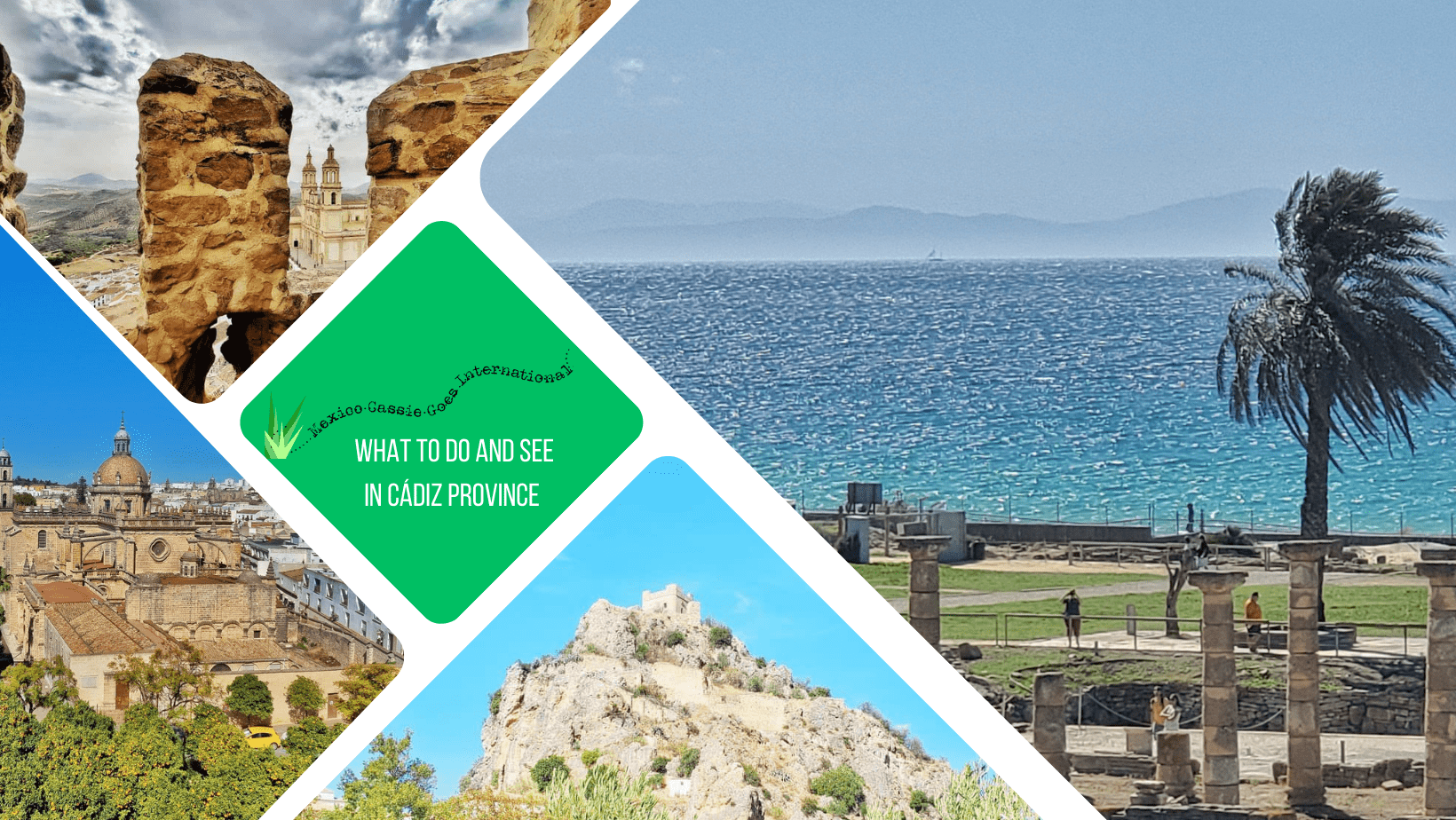 green text box: what to do and see in Cádiz province, photos of Roman ruins on beach, castle onhill, view from a castle, city scape