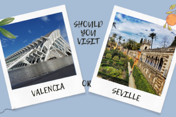 blue background - two polaroid pictures. 1 of Valencia science museum and word valencia, other of Seville Alcazar garden with word Seville. Text says, "should you visit ... or...