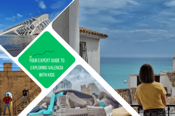 green text box: your expert guide to exploring valencia with kids. 4 photos - 1 of kid looking out over rooftops to the ocean, 1 of gulliver's playground, 1 of science museum in Valencia, 1 of adult and 2 kids on castle steps