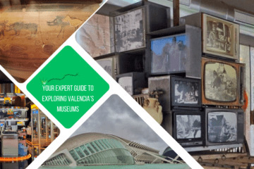 green text box: your expert guide to exploring valencia's museums. 4 photos. 1 of pile of old tvs, 1 of science museum, 1 of old pot, 1 of room full of 80s eqiupment