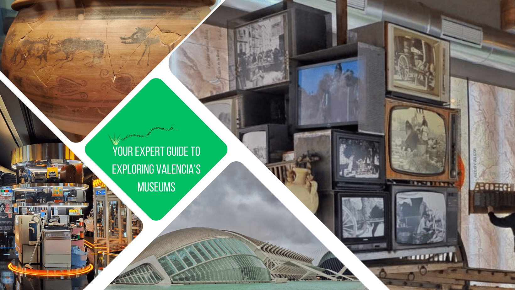 green text box: your expert guide to exploring valencia's museums. 4 photos. 1 of pile of old tvs, 1 of science museum, 1 of old pot, 1 of room full of 80s eqiupment