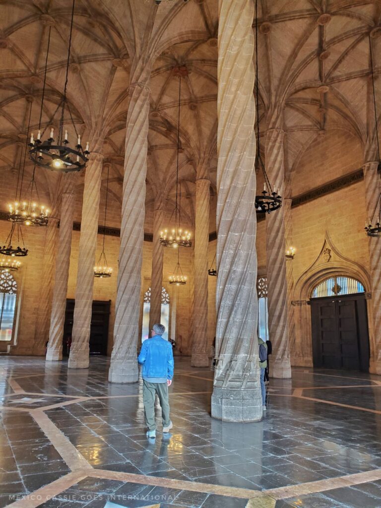 large columned hall. 1 person in blue jacket walking around