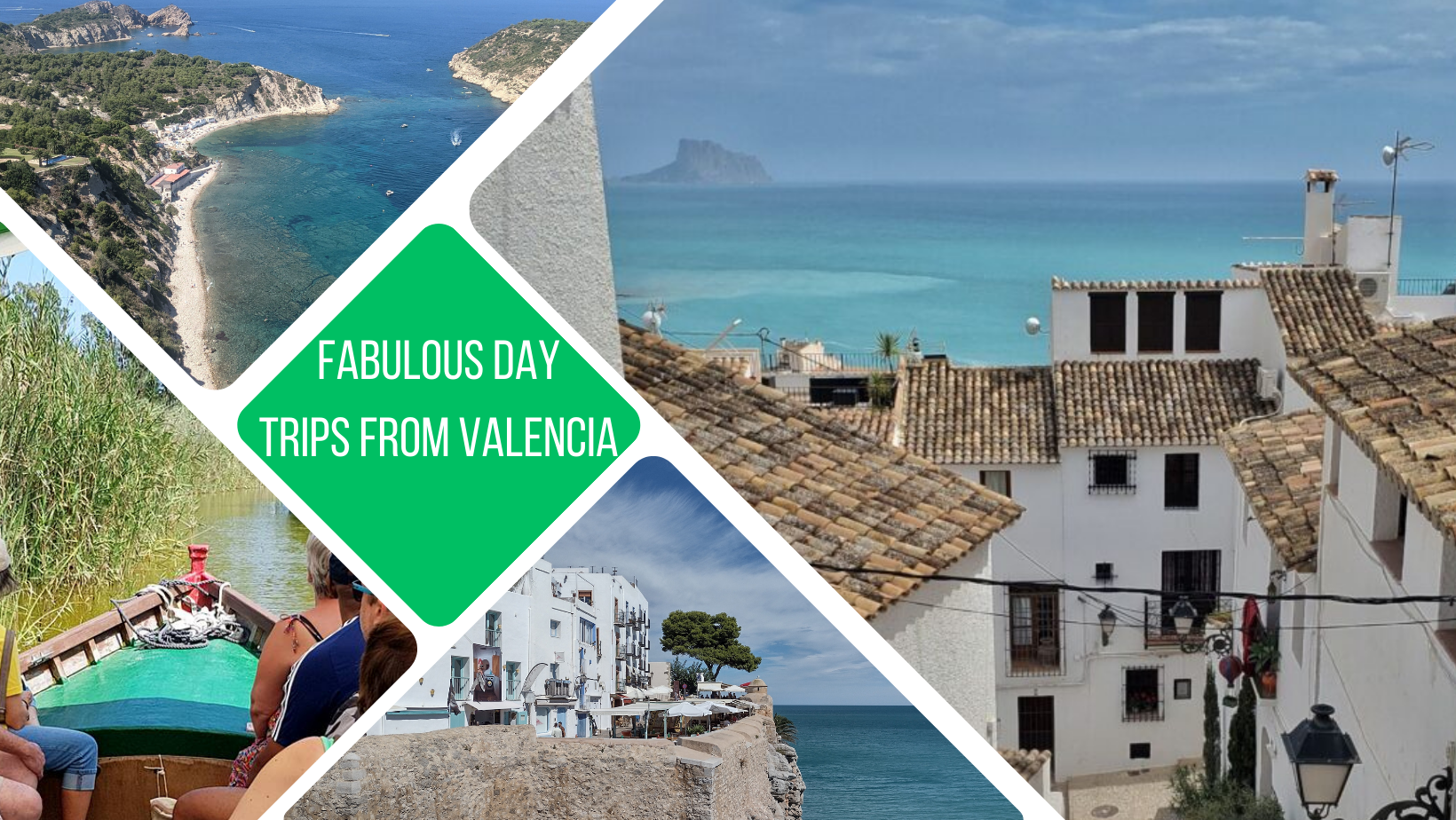 4 fragements of photos from with in the article around a box that reads, "the best day trips from valencia"