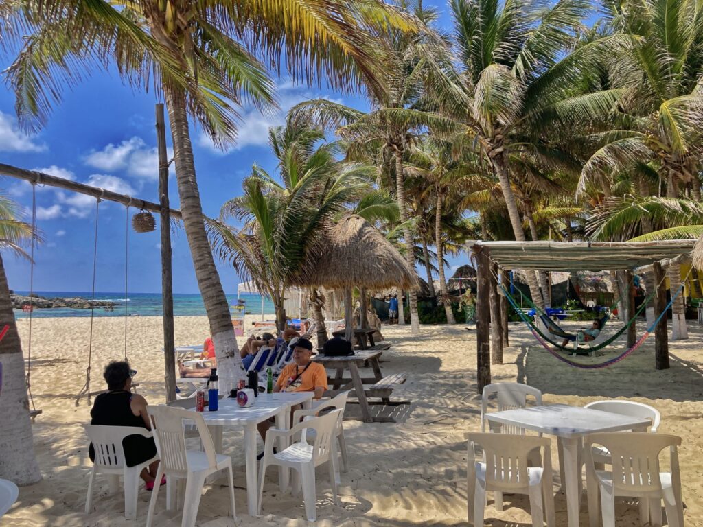 white plastic tables and chairs set up under palm trees on a sandy beach. 