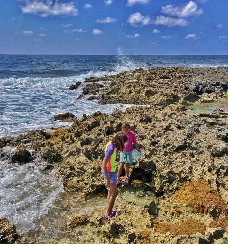 two children on a rocky shore, blue sky and blue sea