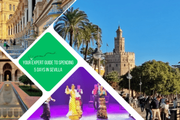 green text box: your expert guide to spending 5 days in sevilla. 4 photos - 1 of torre del oro, people milling around, 1 of Alcazar, 1 of plaza de españa and 1 of flamenco dancers