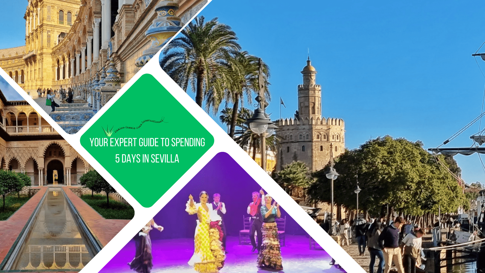 green text box: your expert guide to spending 5 days in sevilla. 4 photos - 1 of torre del oro, people milling around, 1 of Alcazar, 1 of plaza de españa and 1 of flamenco dancers