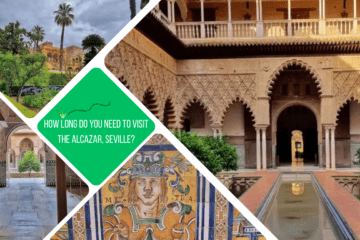 green box: text - how long do you need in the Alcazar, Seville? pictures around of various parts of the Alcazar