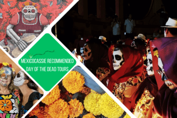 Title: MexicoCassie Recommended Day of the Dead Tours (in a green box). 4 pictures around - one of people dressed as catrinas in a procession, one of marigolds, one of 3 women with faces painted and one of street art representing a catrina cooking