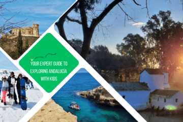 green text box: your expert guide to exploring andalucía with kids. 4 photos of Andalucía - 1 of mill at dusk in Alcalá de Guadaíra, 1 of Aracena castle, 1 of cove in Almería and 1 of 3 people holding snowboards in Sierra Nevada