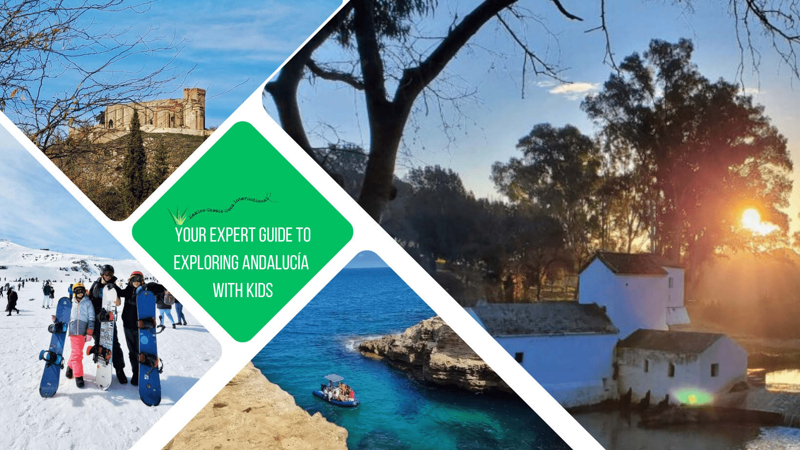 green text box: your expert guide to exploring andalucía with kids. 4 photos of Andalucía - 1 of mill at dusk in Alcalá de Guadaíra, 1 of Aracena castle, 1 of cove in Almería and 1 of 3 people holding snowboards in Sierra Nevada