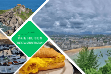 green square: "what is there to do in donostia-san sebastian?" 4 photos, one of beach from above, one of tortilla in bread, one of boats in harbour at dusk and one of rocky outcrop