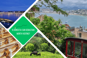 green square: Is Donostia-San Sebastian worth visiting 4 photos: view over bay, horses in lush green field, row of cheese cakes, bay at night with lights on