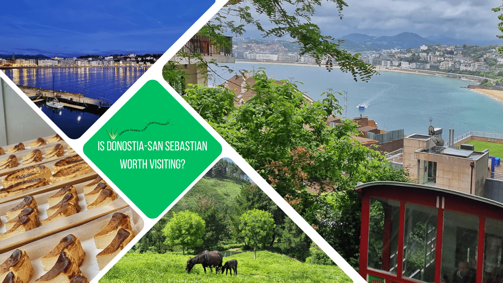 green square: Is Donostia-San Sebastian worth visiting 4 photos: view over bay, horses in lush green field, row of cheese cakes, bay at night with lights on