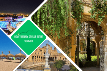 green square reads: how to enjoy seville in the summer. 4 pictures, one of a door covered in branches hanging down, one of las setas lit up at night, one of a beach, one of plaza de españa