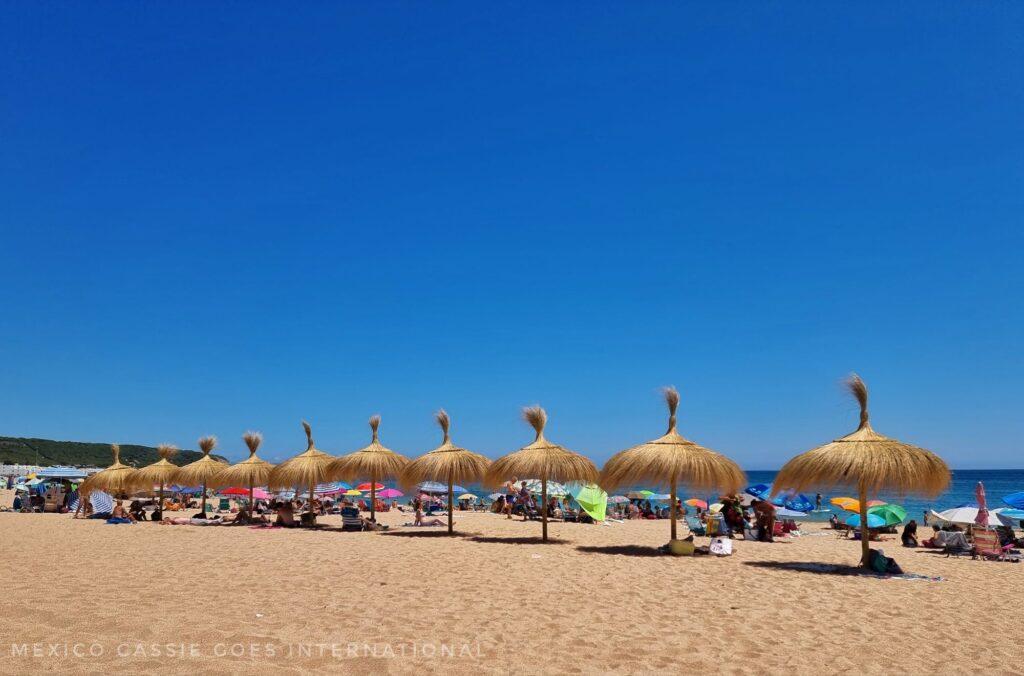 row of thatched beach umbrellas on a sandy beach. people behind them and deep blue sky