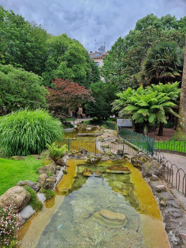 small water feature in a leafy plaza