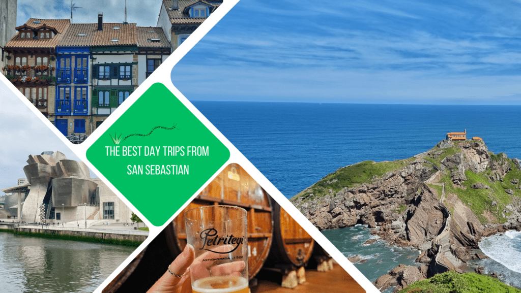 green box that reads: best day trips from San Sebastian. 4 photo boxes: one of a rocky outcrop, one of a hand holding a glass of cider in front of cider barrels, one of guggenheim and one of old buildings