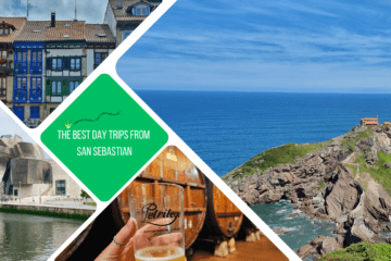 green box that reads: best day trips from San Sebastian. 4 photo boxes: one of a rocky outcrop, one of a hand holding a glass of cider in front of cider barrels, one of guggenheim and one of old buildings