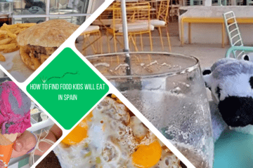 green box reads: how to find food kids will eat in Spain. 4 photos, 1 of top of beer glass and cuddly lemur, 1 of ice cream, 1 of fried eggs and 1 of a burger