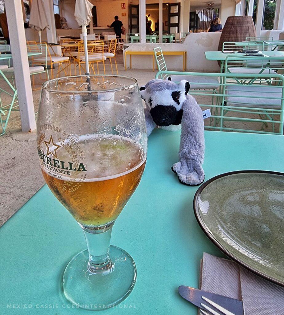 half glass of beer on table, cuddly toy holding on to table (magnetic hand)