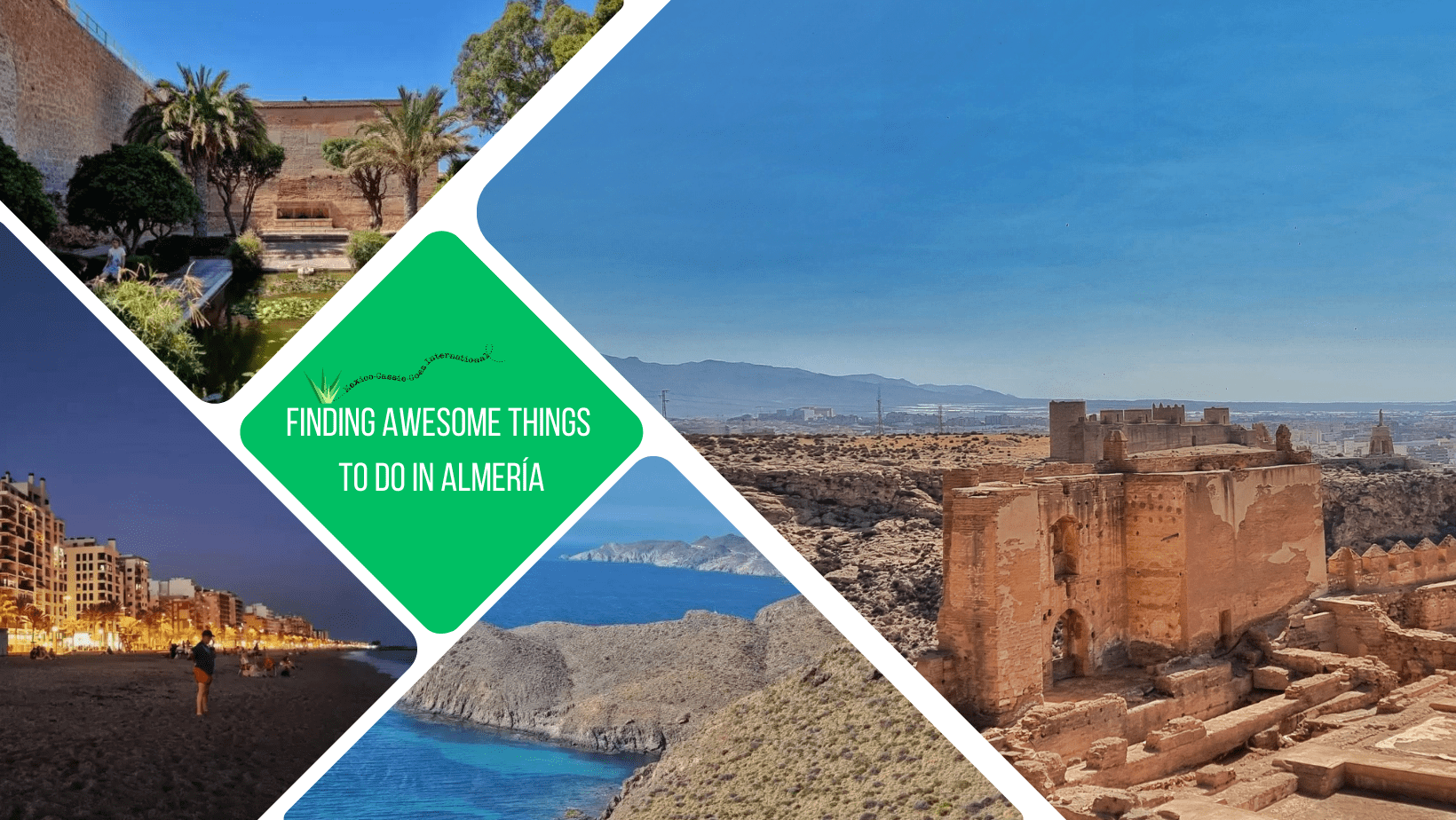 green text box: finding awesome things to do in almeria. 4 photos, 2 of alcazaba, 1 of urban beach at night, 1 of rugged coast line