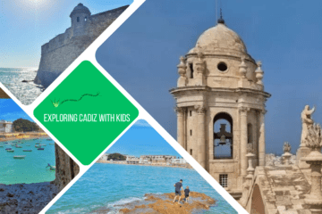 green text box: Cadiz with kids. 4 photos of Cadiz, one of cathedral tower, 1 of beach through rock window, 1 of a castle wall and 1 off 2 people playing on rocks in sea