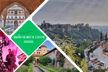 green text box: making the most of 2 days in Granada. 4 photos 1. view of white houses and the alhambra, 1 the patio n the alhambra, 1 flamenco dancer and 1 water feature in front of a small palace