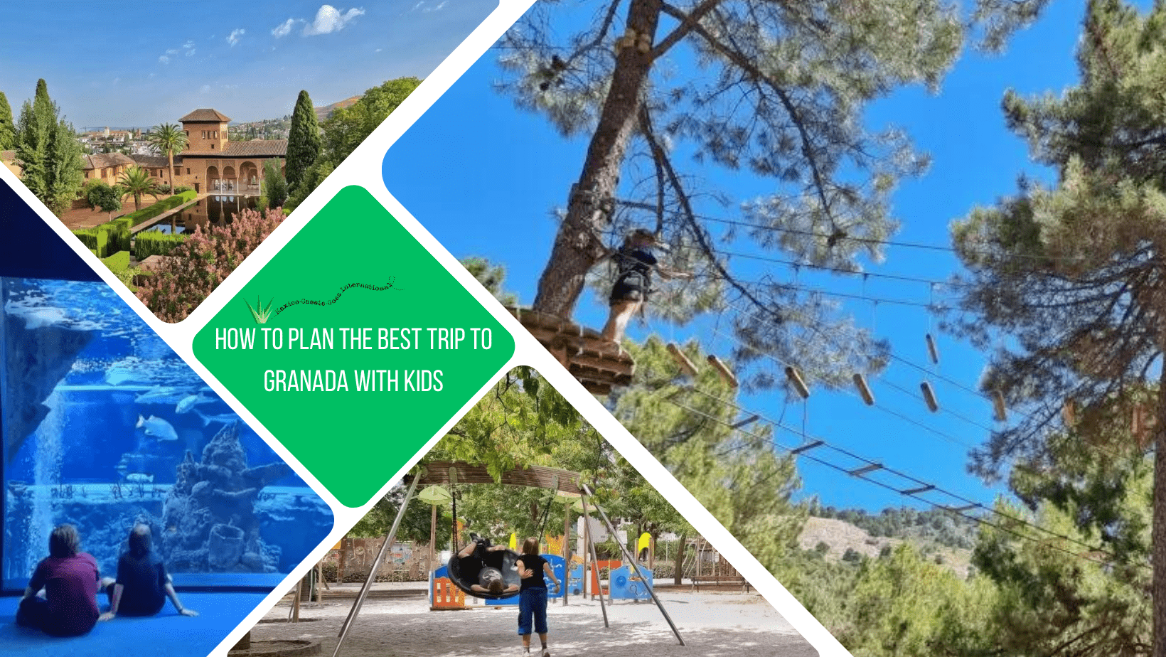 Green text square: how to plan the best trip to granada with kids. 4 phots: one of kid on a platform in the trees, 2 kids playing with basket swing, 2 kids in front of aquarium tank and one of alhambra