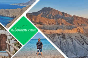 green text box: Is Almería worth visiting. 4 photos, 1 of desert at sun set, one of person standing in clear sea, one oef rugged coastline and one small white house wall with door