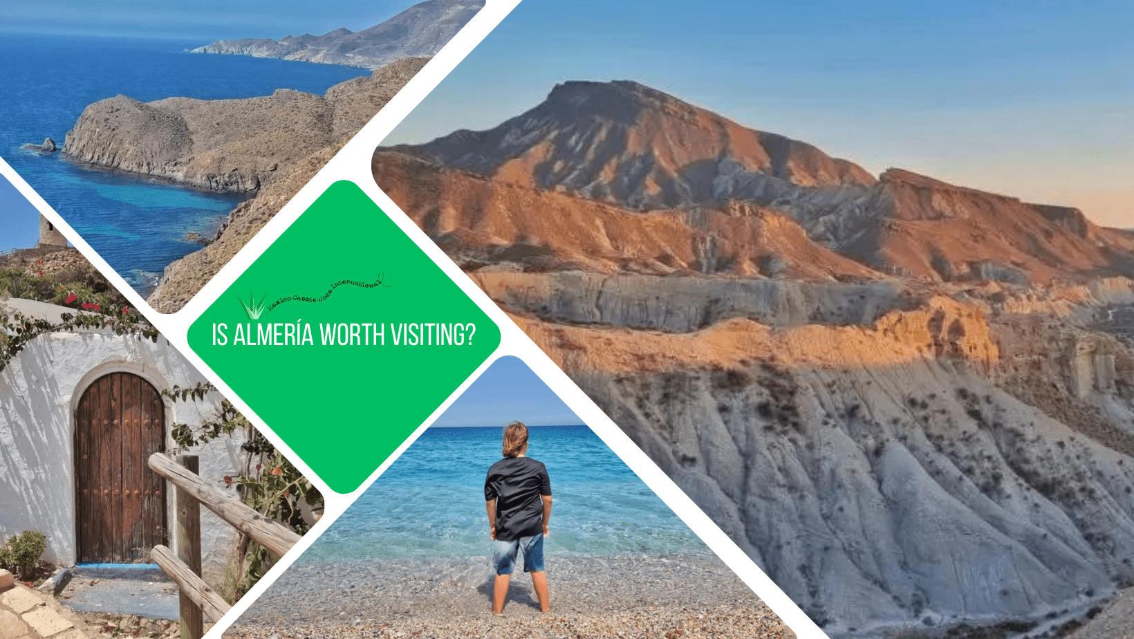 green text box: Is Almería worth visiting. 4 photos, 1 of desert at sun set, one of person standing in clear sea, one oef rugged coastline and one small white house wall with door