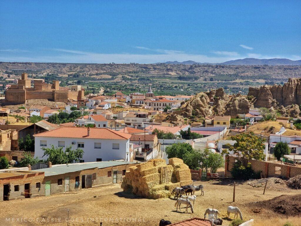 view over guadix - horses and hay in a field in foreground, alcazaba, hills and blue sky in background