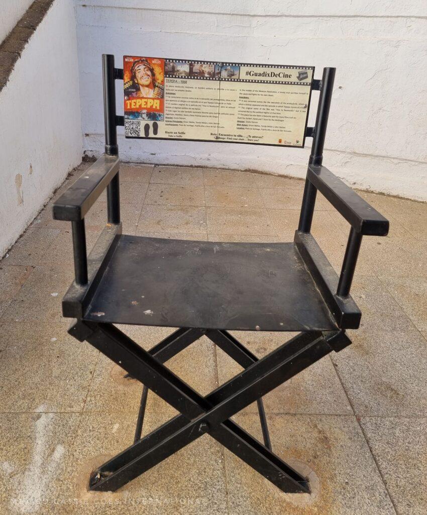 black directors' chair with information about the film it represents (Tepepa) on the back rest