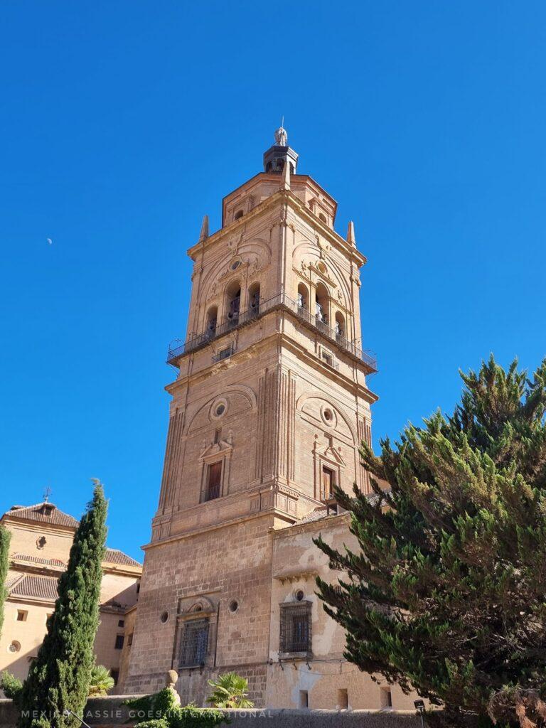 cathedral tower against a blue sky