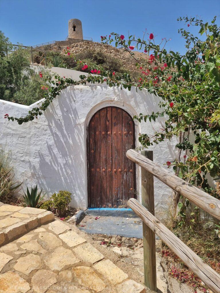 small white wall with a wooden door in it, plants over and to side, turret on hill above