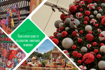green text box: your expert guide to Christmas in Mérida. 4 photos - 1 of close up of red & white decorations on an enormous tree, 1 of nativity scene on plaza, 1 of piñatas hanging and 1 of christmas decorations for sale in a store