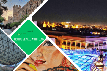 green text box: Seville with teens. 4 photos. 1 of Las Seas lit up at night, 1 of street art of a female flamenco dancer's face, 1 of ball from expo 92 and 1 of alcazar walls