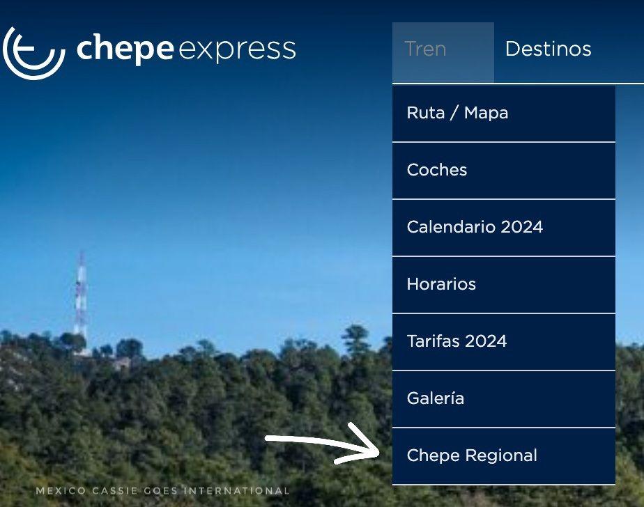 screen shot of the chepe express website showing how to find the chepe regional page (only in spanish)