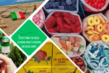 green text box: everything you need to know about choosing Mexican candy. 4 photos of candy. 1 of bags of gummies taken from the top, 1 of yellow rosa boxes, 1 of pelon ricos in a wine glass and one of a bandera candy on the beach