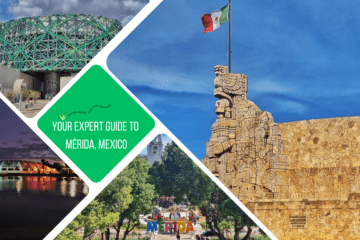 Green text box: Your expert guide to Mérida, Mexico. 4 photos of iconic places in Mérida: 1 of Monumento a la Patria, 1 of Mérida letters, 1 of Museo Mundo Maya & 1 of Parque la Plancha at night