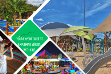 green text box: your expert guide to exploring Mérida with kids. 4 photos, 1 of playground, 1 of fairground, one of child being taught to make a hammock and one of a small swimming pool