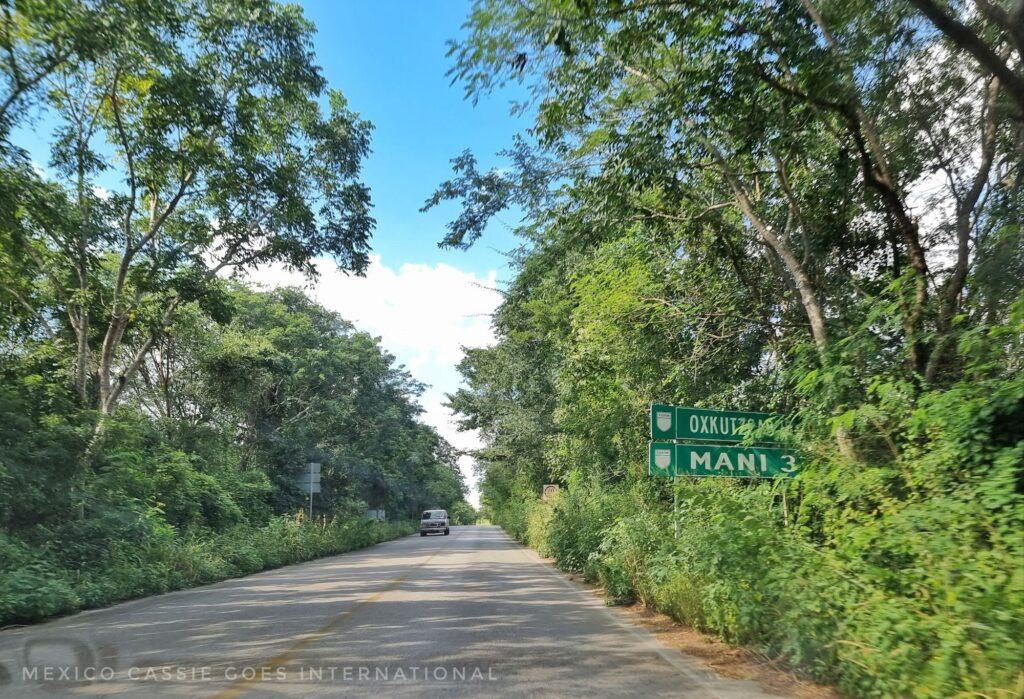 typical Yucatecan road - greenery on either side, blue sky, hidden sign post