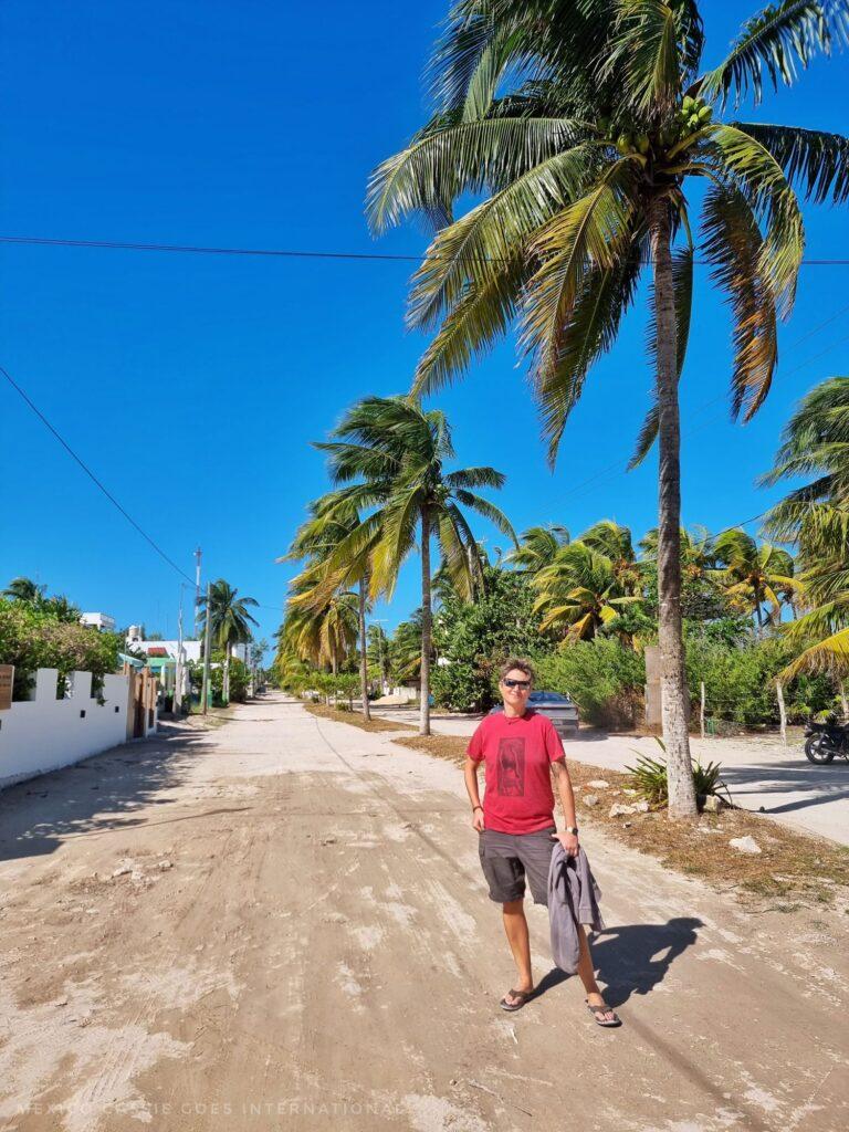 Cassie standing on empty sand road, palm trees around and blue sky