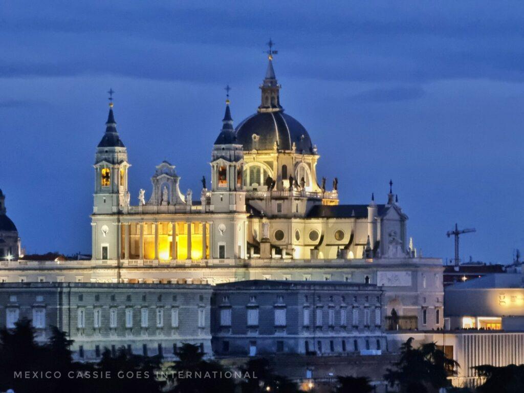 view of Madrid's cathedral lit up at night