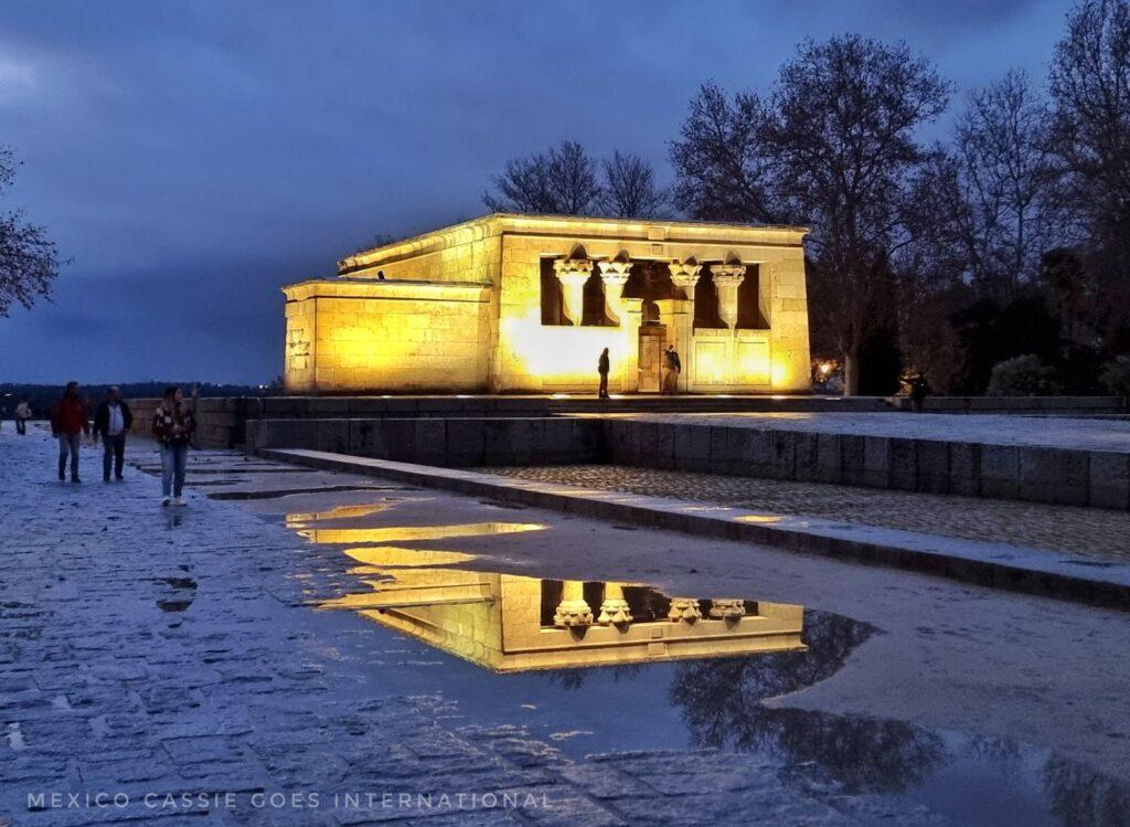 egyptian temple in madrid at dusk with gorgeous reflection in shadow