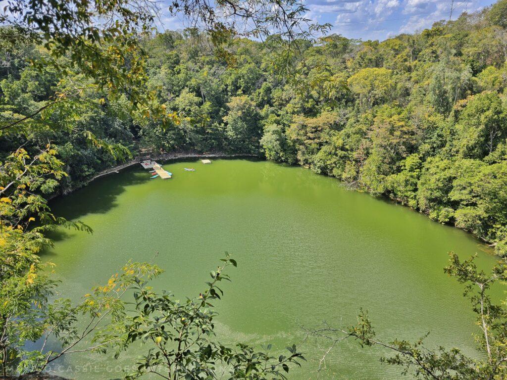 view down to a large green body of water that is surrounded by trees, small pier on far side