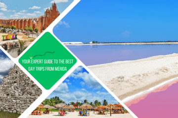 green text box: your expert guide to day trips from mérida. 4 photos. 1 of pink water and beach, 1 of palapas on beach, 1 of stone step pyramid and 1 of Takax main plaza, its town letter and church
